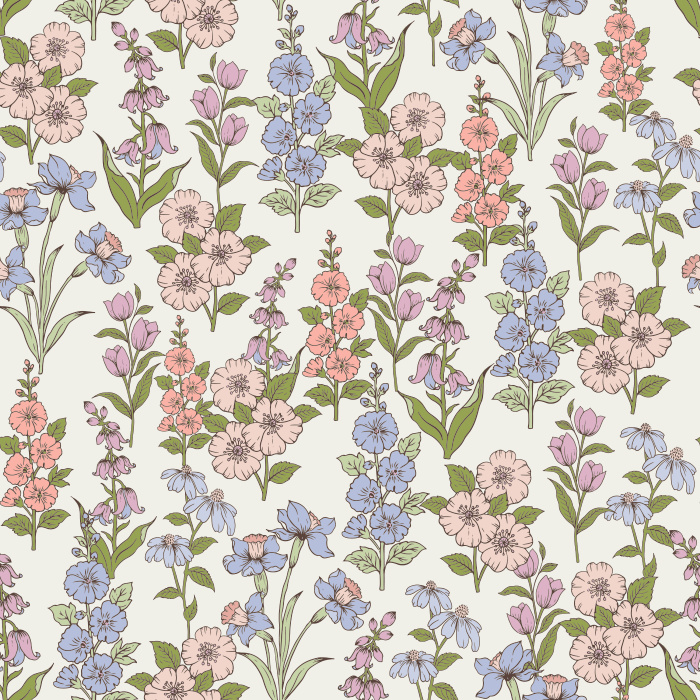 The Gardenia Elegance Wallpaper features a graceful floral pattern with blooming gardenias, wildflowers, and leafy stems in soft pink, lavender, and green tones.