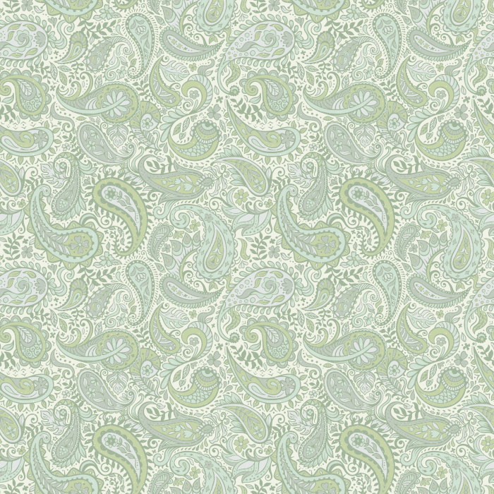 The Vintage Paisley Wallpaper features a flowing pattern of intricate paisley motifs in soft sage green and cream tones.