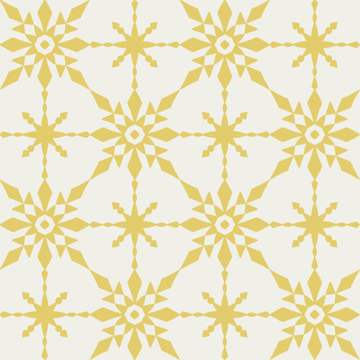 The Retro Quilt Wallpaper features a geometric floral star pattern in warm golden yellow on a soft cream background, inspired by mid-century quilt designs.
