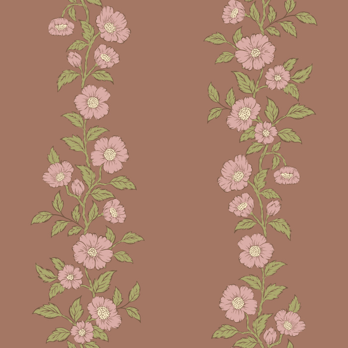 The Heirloom Vine Wallpaper features elegant vertical stripes of soft blue-green floral vines set against a warm cream background.