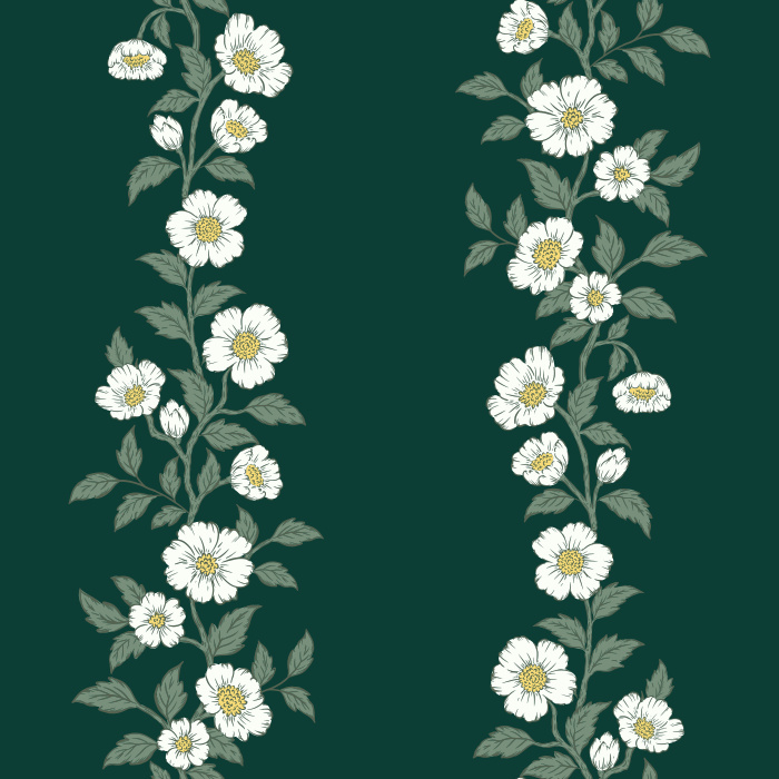 The Heirloom Vine Wallpaper features elegant vertical stripes of soft blue-green floral vines set against a warm cream background.