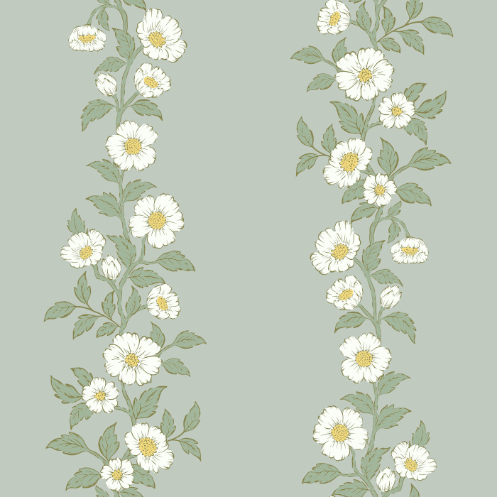 The Heirloom Vine Wallpaper features elegant vertical stripes of soft blue-green floral vines set against a warm cream background.