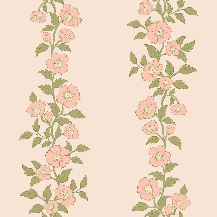 The Heirloom Vine Wallpaper features elegant vertical stripes of soft blue-green floral vines set against a warm cream background.
