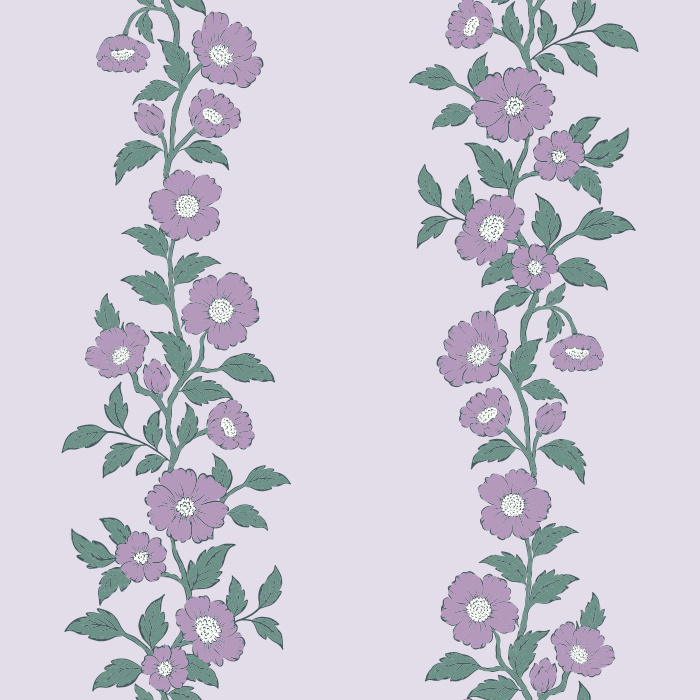 The Heirloom Vine Wallpaper features elegant vertical stripes of soft blue-green floral vines set against a warm cream background.