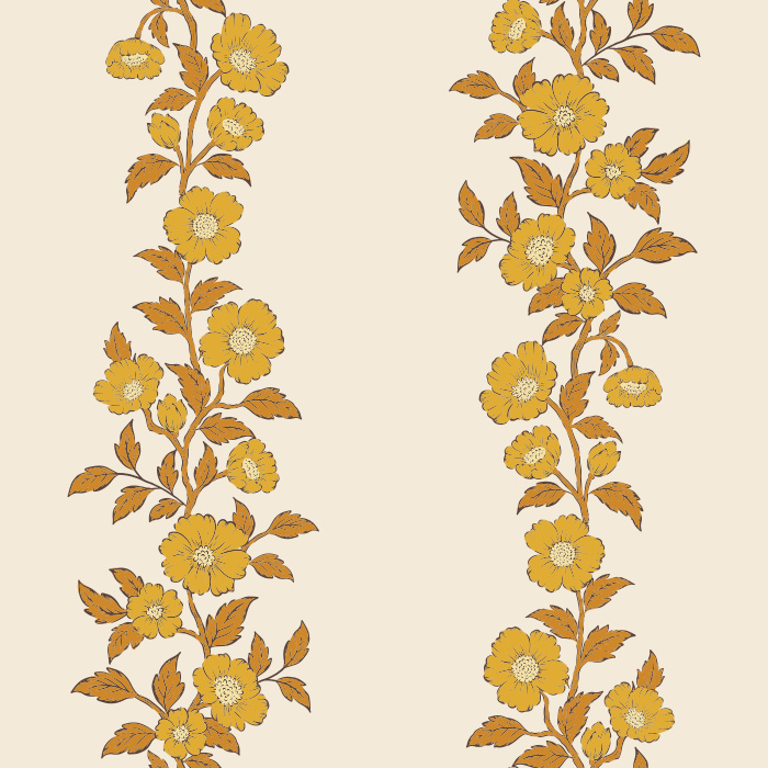 The Heirloom Vine Wallpaper features elegant vertical stripes of soft blue-green floral vines set against a warm cream background.