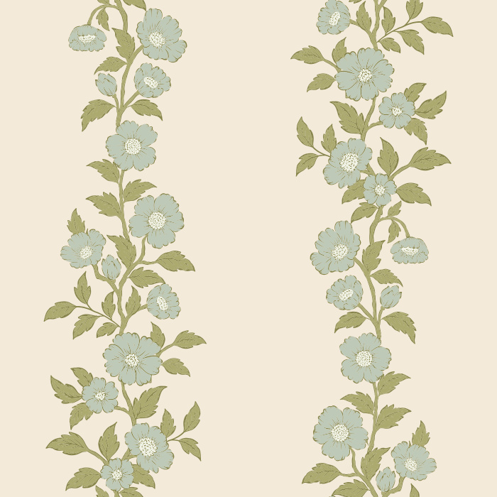 The Heirloom Vine Wallpaper features elegant vertical stripes of soft blue-green floral vines set against a warm cream background.