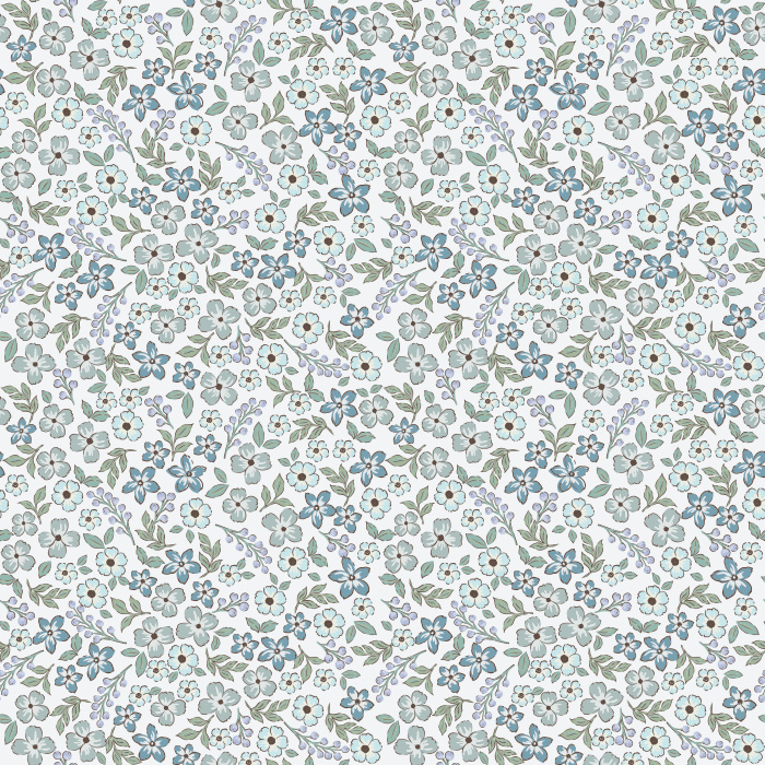The Daydream Florals Wallpaper features a whimsical scatter of soft blue, golden mustard, and green blooms against a warm ivory background.