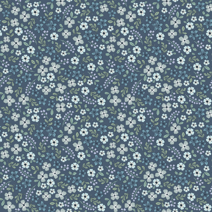 The Daydream Florals Wallpaper features a whimsical scatter of soft blue, golden mustard, and green blooms against a warm ivory background.