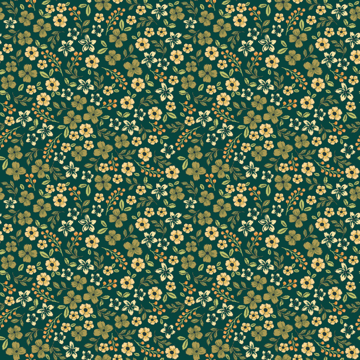 The Daydream Florals Wallpaper features a whimsical scatter of soft blue, golden mustard, and green blooms against a warm ivory background.