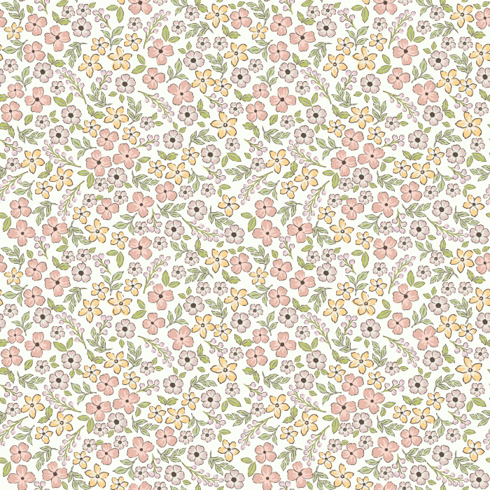 The Daydream Florals Wallpaper features a whimsical scatter of soft blue, golden mustard, and green blooms against a warm ivory background.