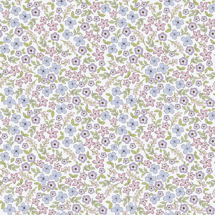 The Daydream Florals Wallpaper features a whimsical scatter of soft blue, golden mustard, and green blooms against a warm ivory background.