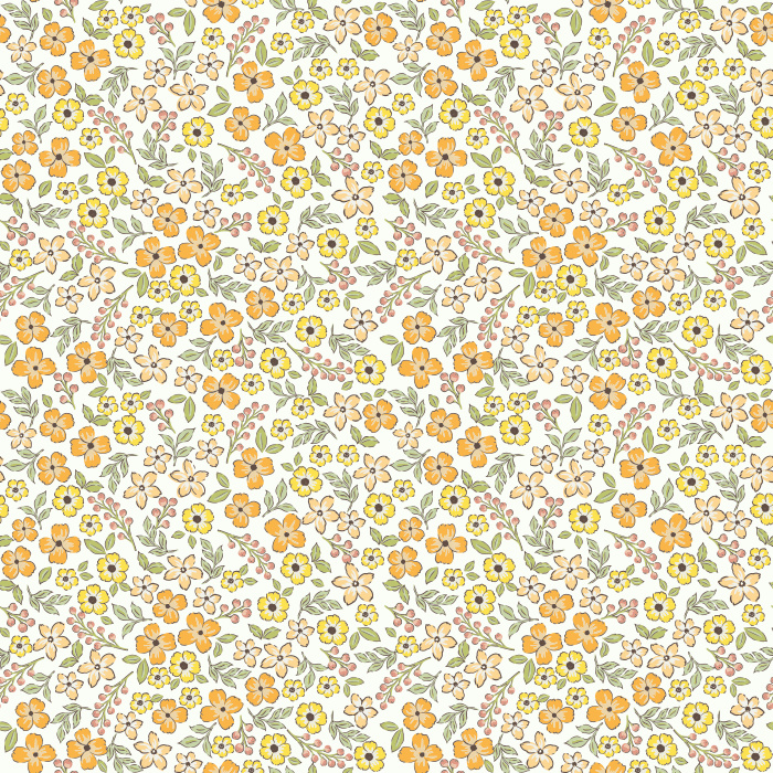 The Daydream Florals Wallpaper features a whimsical scatter of soft blue, golden mustard, and green blooms against a warm ivory background.