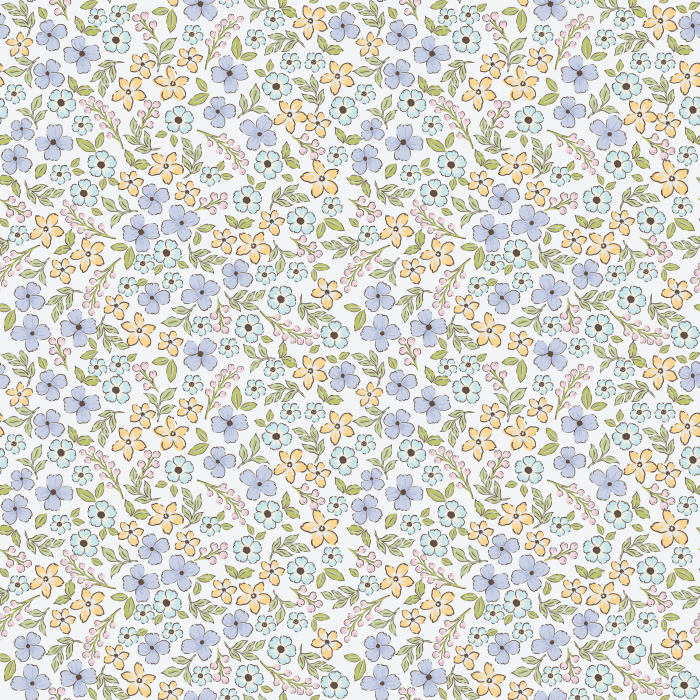 The Daydream Florals Wallpaper features a whimsical scatter of soft blue, golden mustard, and green blooms against a warm ivory background.