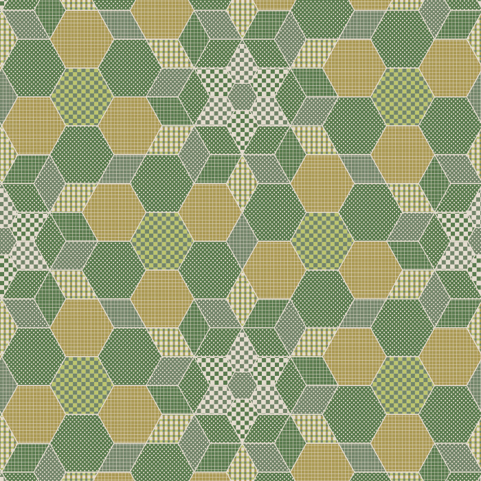 The Patchwork Meadow Wallpaper combines playful geometric charm with vintage farmhouse inspiration, featuring hexagon quilt-like shapes in warm olive, soft pink, and ivory tones.