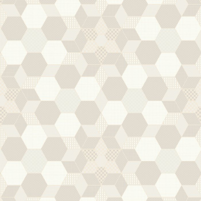 The Patchwork Meadow Wallpaper combines playful geometric charm with vintage farmhouse inspiration, featuring hexagon quilt-like shapes in warm olive, soft pink, and ivory tones.