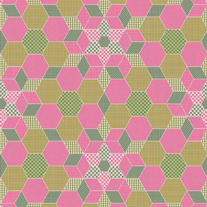 The Patchwork Meadow Wallpaper combines playful geometric charm with vintage farmhouse inspiration, featuring hexagon quilt-like shapes in warm olive, soft pink, and ivory tones.