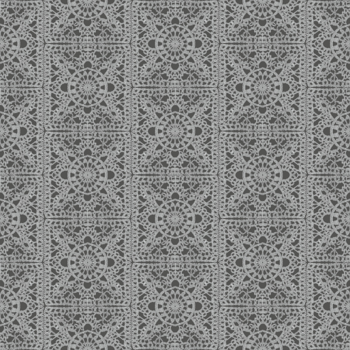 The Granny Crochet Wallpaper captures the cozy nostalgia of handwoven textiles, featuring intricate lace-inspired motifs in a soft charcoal gray on a warm neutral base.