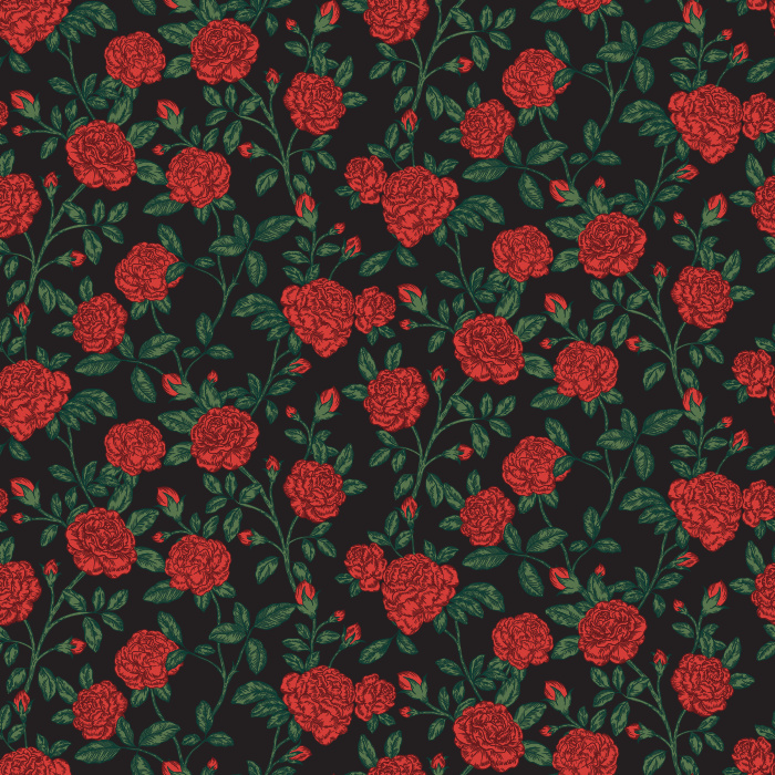 The Rose Garden Wallpaper brings timeless romance to your home with its charming pattern of bold red roses and lush green leaves on a soft blush background.