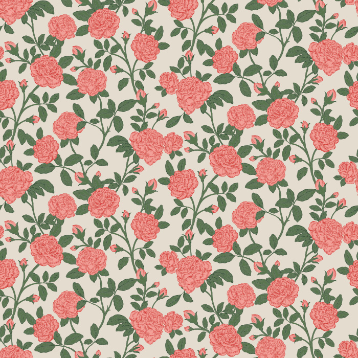 The Rose Garden Wallpaper brings timeless romance to your home with its charming pattern of bold red roses and lush green leaves on a soft blush background.