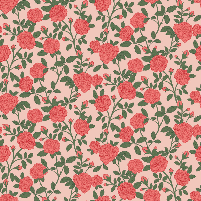 The Rose Garden Wallpaper brings timeless romance to your home with its charming pattern of bold red roses and lush green leaves on a soft blush background.