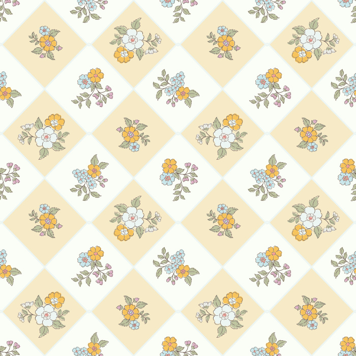 The Retro Botanicals Wallpaper blends mid-century charm with modern floral flair, featuring pastel yellow and blush diamond tiles adorned with hand-drawn flower clusters.