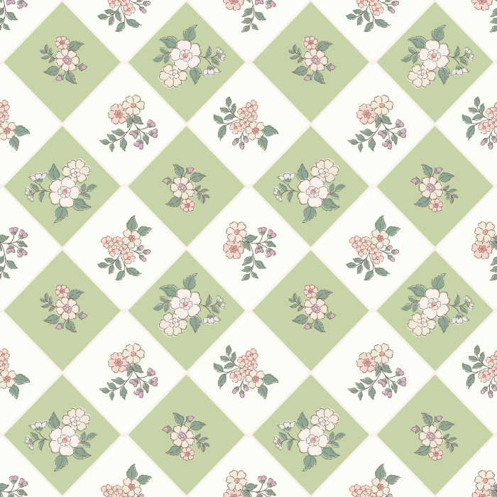 The Retro Botanicals Wallpaper blends mid-century charm with modern floral flair, featuring pastel yellow and blush diamond tiles adorned with hand-drawn flower clusters.