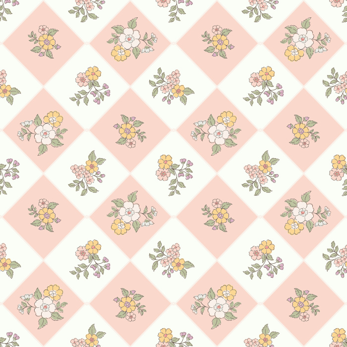 The Retro Botanicals Wallpaper blends mid-century charm with modern floral flair, featuring pastel yellow and blush diamond tiles adorned with hand-drawn flower clusters.