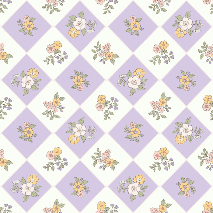 The Retro Botanicals Wallpaper blends mid-century charm with modern floral flair, featuring pastel yellow and blush diamond tiles adorned with hand-drawn flower clusters.