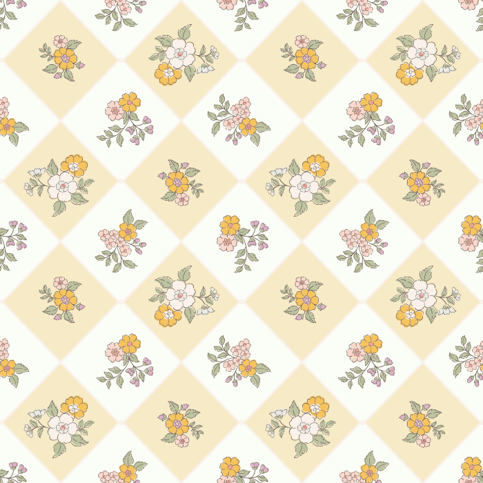 The Retro Botanicals Wallpaper blends mid-century charm with modern floral flair, featuring pastel yellow and blush diamond tiles adorned with hand-drawn flower clusters.