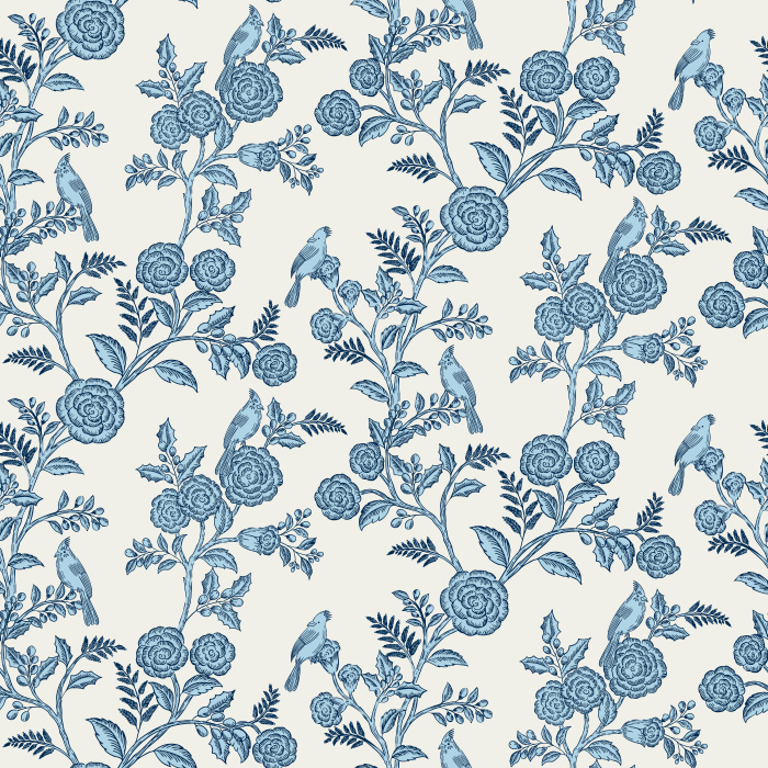 The Woodland Birds Wallpaper captures the peaceful charm of nature with hand-illustrated songbirds perched among blooming branches in soft taupe tones.