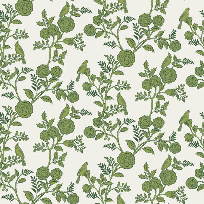 The Woodland Birds Wallpaper captures the peaceful charm of nature with hand-illustrated songbirds perched among blooming branches in soft taupe tones.