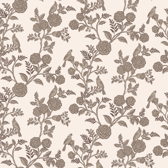The Woodland Birds Wallpaper captures the peaceful charm of nature with hand-illustrated songbirds perched among blooming branches in soft taupe tones.