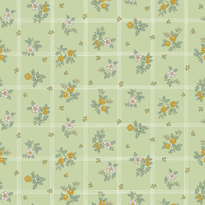 The Petal Flurry Wallpaper brings fresh vintage charm to any room with its delicate clusters of soft yellow and sage green flowers arranged in a dainty grid pattern.