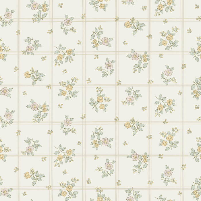 The Petal Flurry Wallpaper brings fresh vintage charm to any room with its delicate clusters of soft yellow and sage green flowers arranged in a dainty grid pattern.
