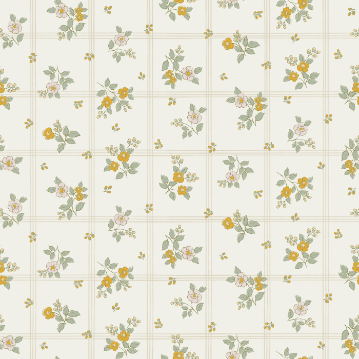The Petal Flurry Wallpaper brings fresh vintage charm to any room with its delicate clusters of soft yellow and sage green flowers arranged in a dainty grid pattern.
