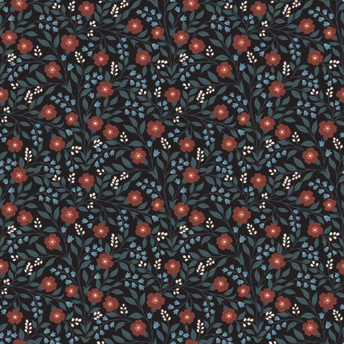 The Botanical Vine Wallpaper brings an enchanting touch of nature indoors with its deep navy backdrop adorned by winding green leaves, red berries, and dainty white blossoms.