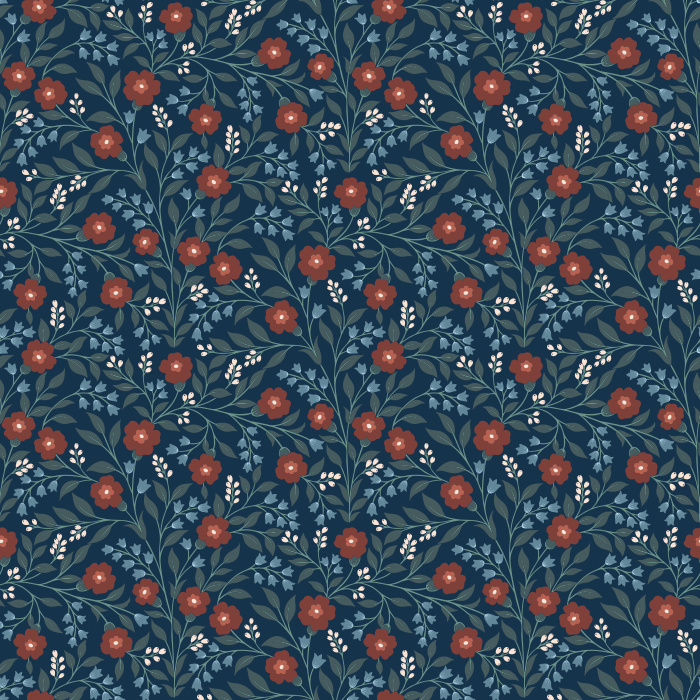 The Botanical Vine Wallpaper brings an enchanting touch of nature indoors with its deep navy backdrop adorned by winding green leaves, red berries, and dainty white blossoms.