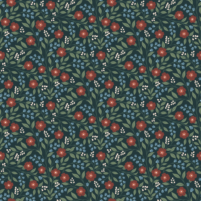 The Botanical Vine Wallpaper brings an enchanting touch of nature indoors with its deep navy backdrop adorned by winding green leaves, red berries, and dainty white blossoms.