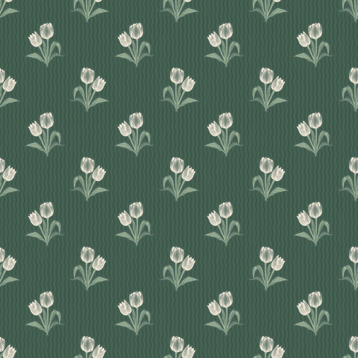 The Tulip Memories Wallpaper celebrates springtime charm with soft pink tulips arranged against a gentle wavy sage background.