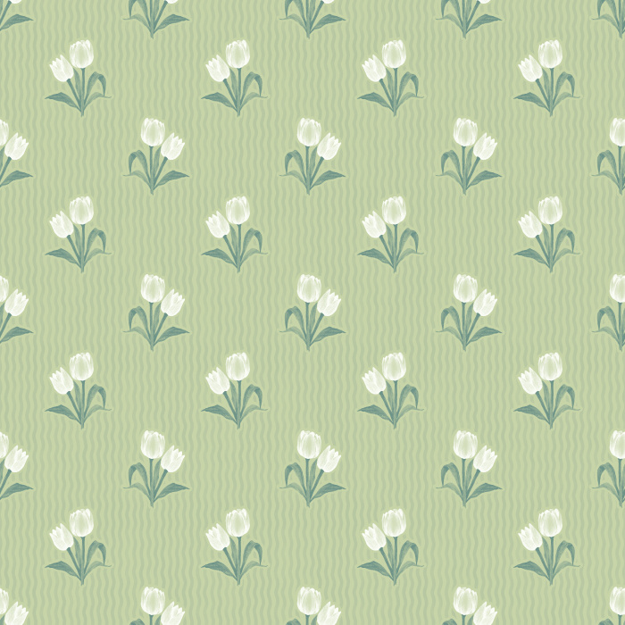 The Tulip Memories Wallpaper celebrates springtime charm with soft pink tulips arranged against a gentle wavy sage background.