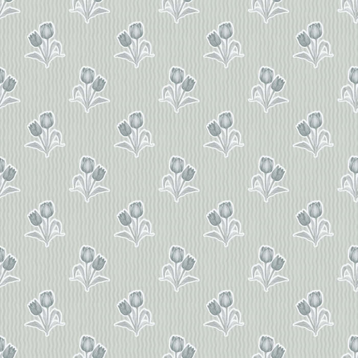 The Tulip Memories Wallpaper celebrates springtime charm with soft pink tulips arranged against a gentle wavy sage background.