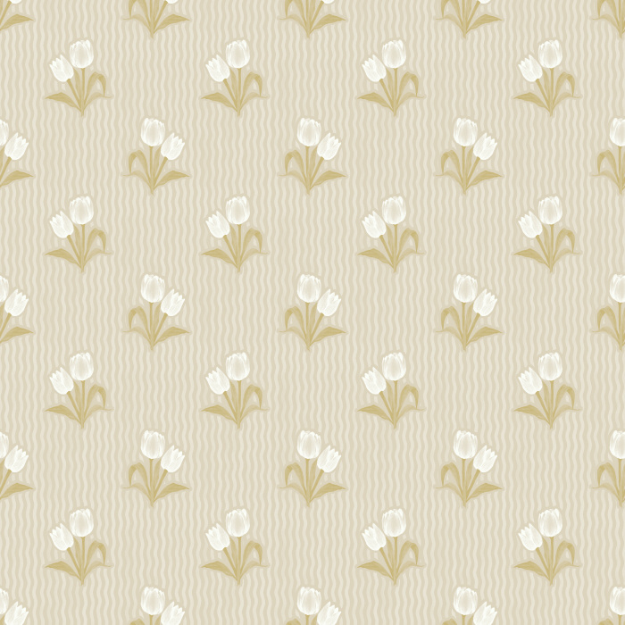 The Tulip Memories Wallpaper celebrates springtime charm with soft pink tulips arranged against a gentle wavy sage background.