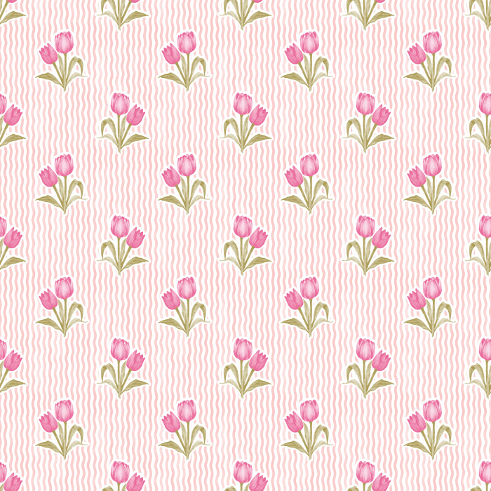 The Tulip Memories Wallpaper celebrates springtime charm with soft pink tulips arranged against a gentle wavy sage background.