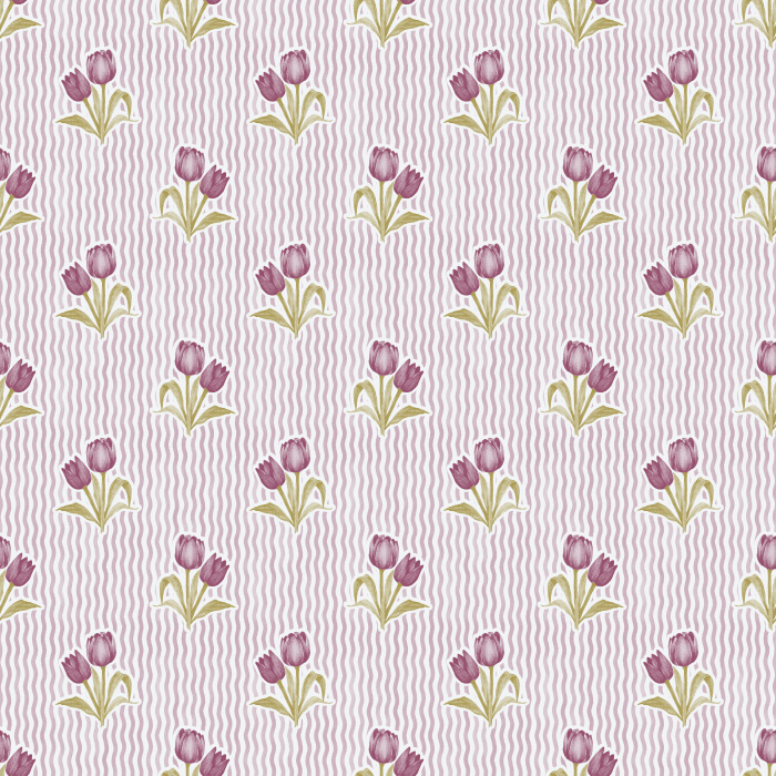 The Tulip Memories Wallpaper celebrates springtime charm with soft pink tulips arranged against a gentle wavy sage background.
