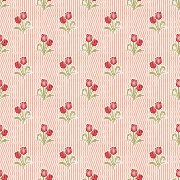 The Tulip Memories Wallpaper celebrates springtime charm with soft pink tulips arranged against a gentle wavy sage background.