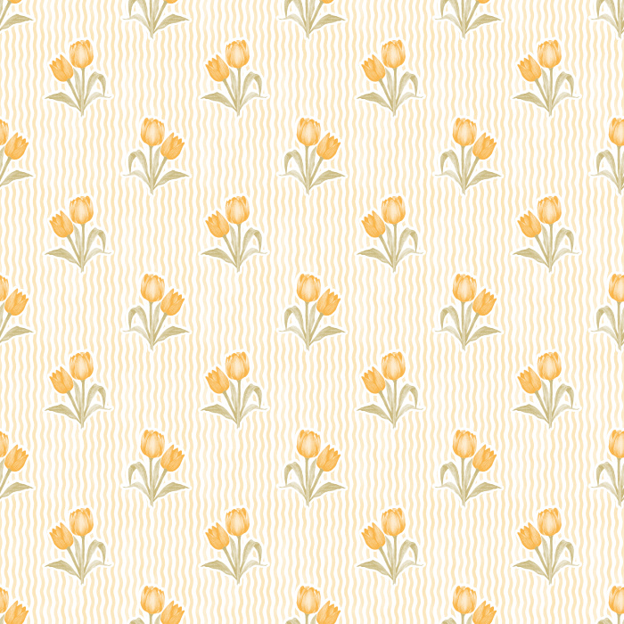 The Tulip Memories Wallpaper celebrates springtime charm with soft pink tulips arranged against a gentle wavy sage background.