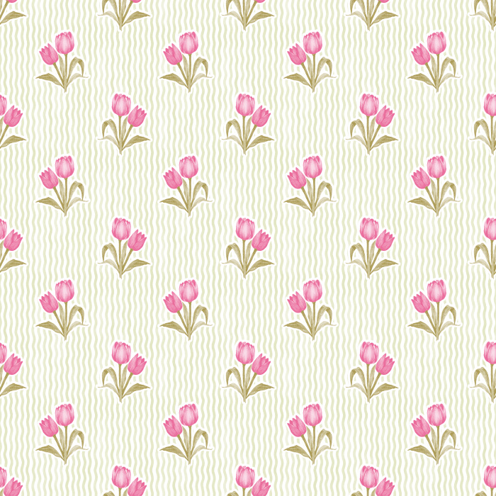 The Tulip Memories Wallpaper celebrates springtime charm with soft pink tulips arranged against a gentle wavy sage background.
