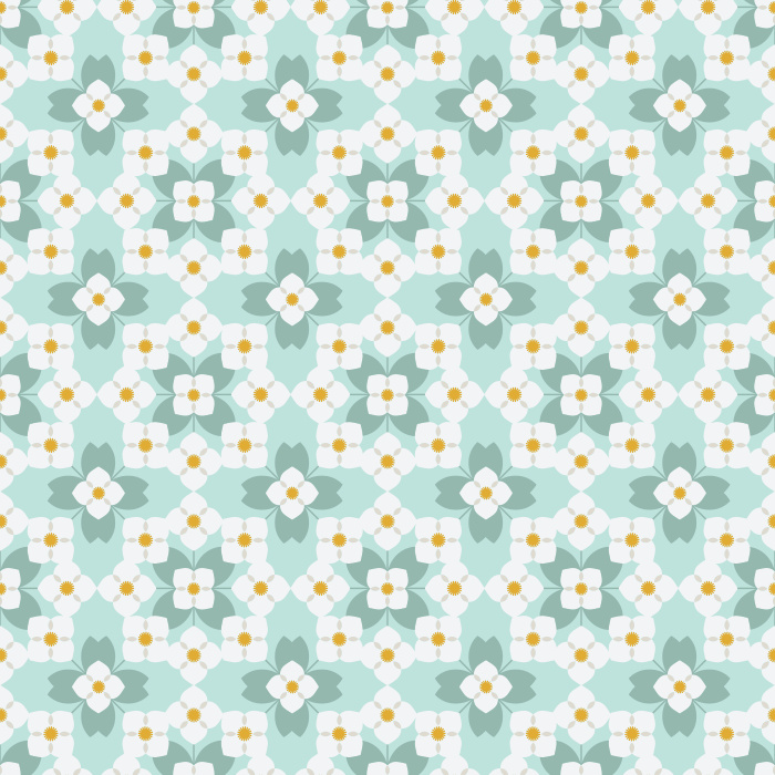 The Floral Quilt Wallpaper blends retro charm with cozy cottage warmth, featuring a geometric floral pattern in fresh shades of green and white with soft golden accents.