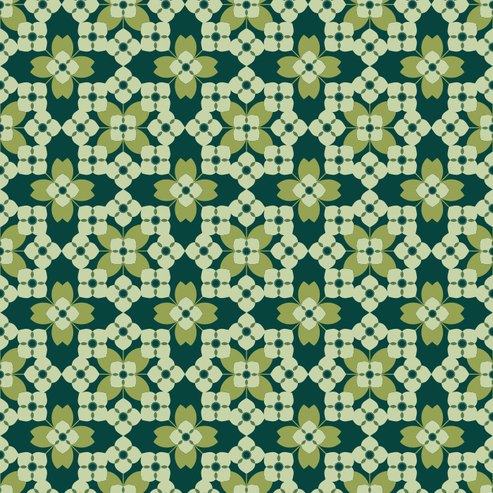 The Floral Quilt Wallpaper blends retro charm with cozy cottage warmth, featuring a geometric floral pattern in fresh shades of green and white with soft golden accents.