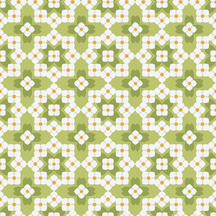 The Floral Quilt Wallpaper blends retro charm with cozy cottage warmth, featuring a geometric floral pattern in fresh shades of green and white with soft golden accents.